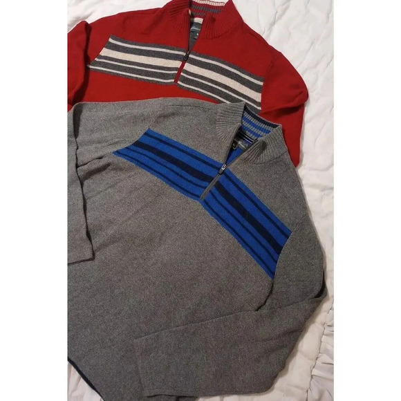 Eddie Bauer Wool Blend 1/4 Zip Sweater Mock Neck Sz XL Set Red Gray Stripe - Picture 2 of 8